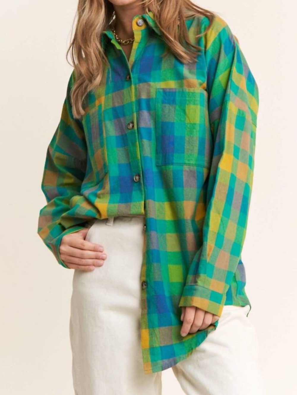 J.NNA doria boyfriend plaid button down women’s shirt in green blue Size Small